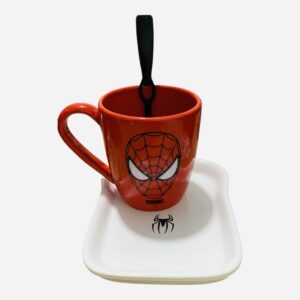 Set taza roja hombre araña+bandeja o plato tostada + cuchara