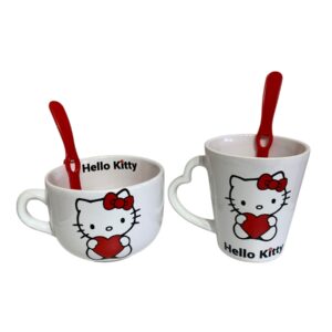Taza + tazón blancos  Kitty rojo