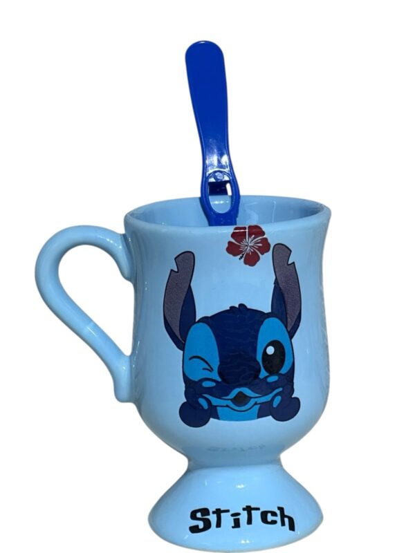 Taza chocolatera o alta 13 cm color Stitch + cuchara