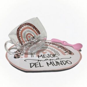 Set  de vidrio MAMA TE AMO ARCO IRIS ( con mantel y cuchara)