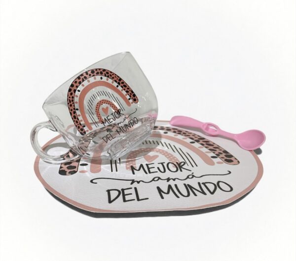 Set  de vidrio MAMA TE AMO ARCO IRIS ( con mantel y cuchara)