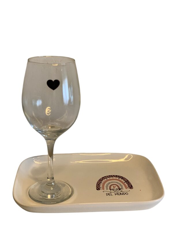 Set copón de vino corazon + bandeja arco iris