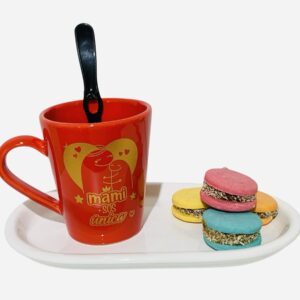 Set taza roja deco oro mama + bandeja + cuchara