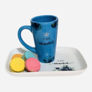 Set Taza alta celeste/turquesa  Mamá te amo corona oro + bandeja