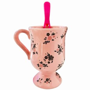 Taza alta rosa flores + cuchara