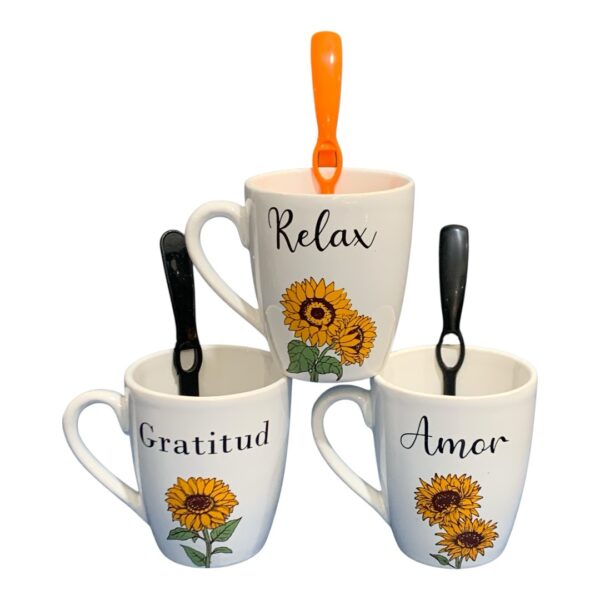 Taza girasoles y palabra + cuchara