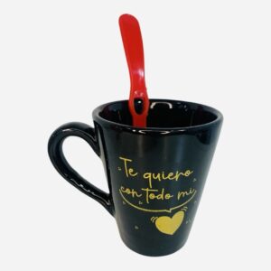Taza negra te quiero con todo mi corazon ( en oro )