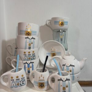SUPER COMBO ARGENTINA 15 PIEZAS (3 tazones-3 mates-3 tazas- 3 bowls-1 tazón 3D pelota- 1 vaso botella cortada-1 bandeja rectangular )
