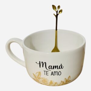 Tazón Mamá te amo flor oro + cuchara dorada