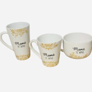 Pack x 3 ( taza-tazón-chocolatero) Mamá te amo flor oro